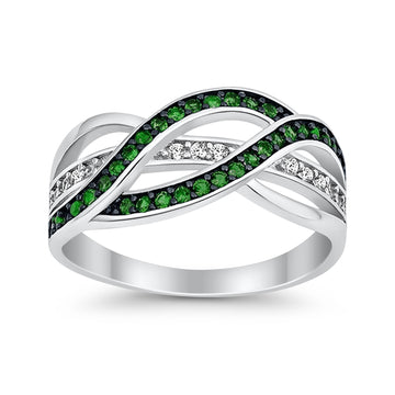 Weave Knot Ring Crisscross Crossover Simulated Green Emerald Round CZ 925 Sterling Silver
